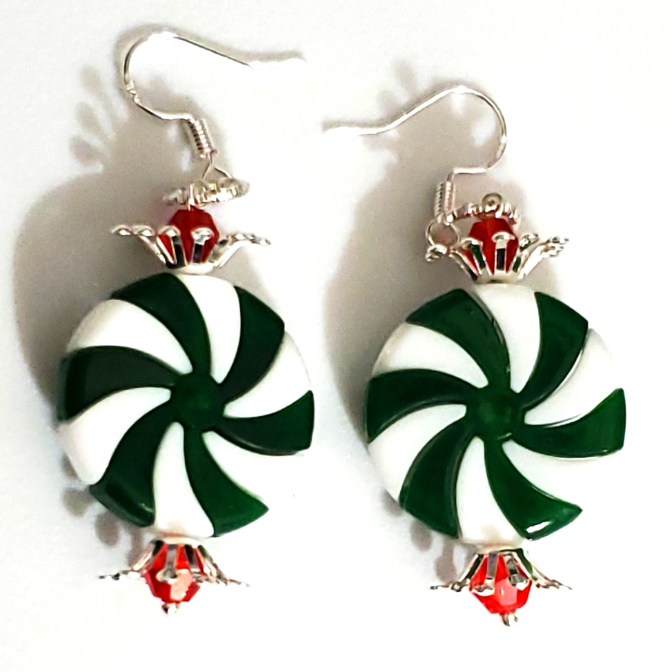 Peppermint Earrings Christmas Crystals 925 Sterling Green Candy Or Red Gift New